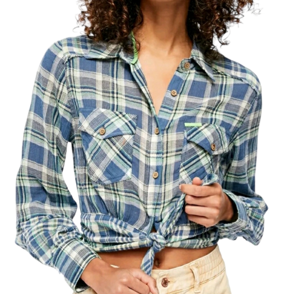 Free People Blue Plaid Button Down Shirt